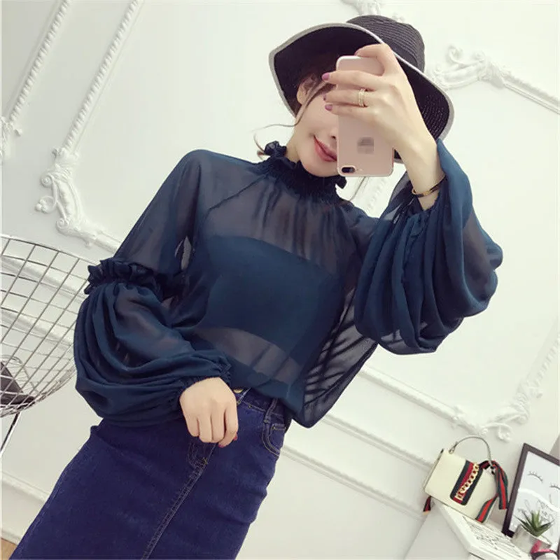 New Female Korea Style Fashion Chiffon Blouses With Wrapped Chest Sexy Shirt woman Blouse Lantern Sleeve Tops 72475 SM6