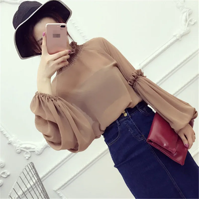 New Female Korea Style Fashion Chiffon Blouses With Wrapped Chest Sexy Shirt woman Blouse Lantern Sleeve Tops 72475 SM6