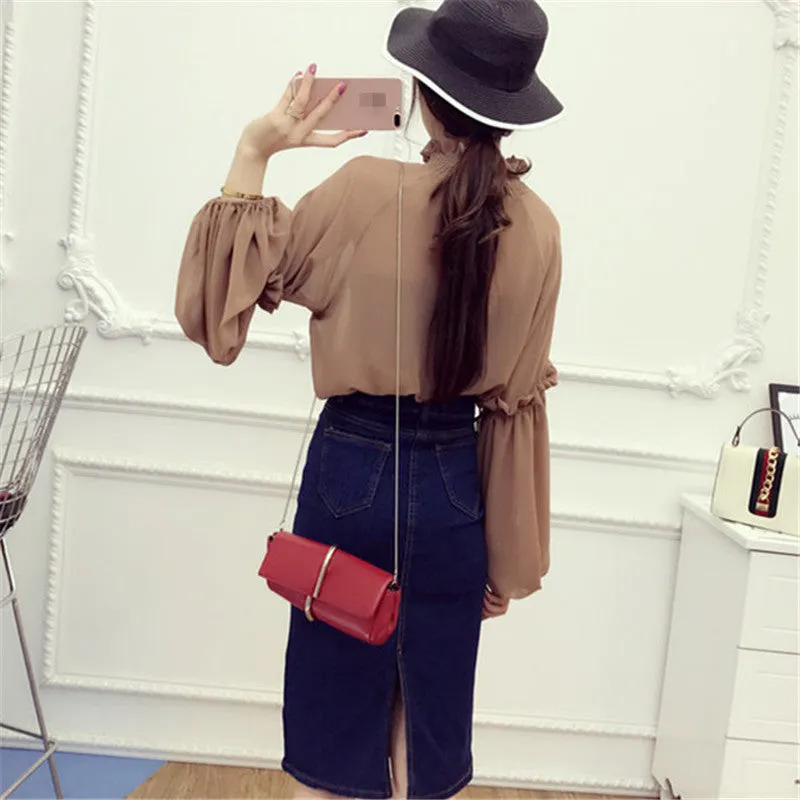 New Female Korea Style Fashion Chiffon Blouses With Wrapped Chest Sexy Shirt woman Blouse Lantern Sleeve Tops 72475 SM6