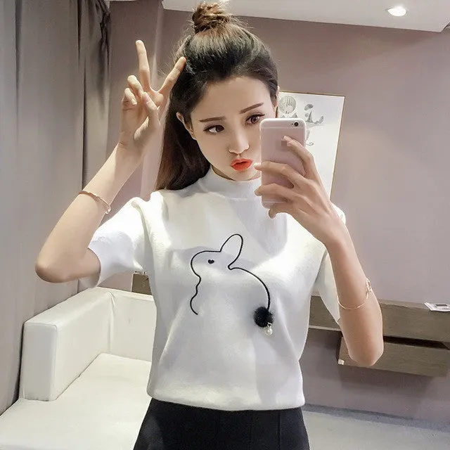 New  Women T shirts Fashion Turtleneck Cute Animal Patchwork T-shirt Female Plus Size Tops knitting Woman t shirt 72532 SM6