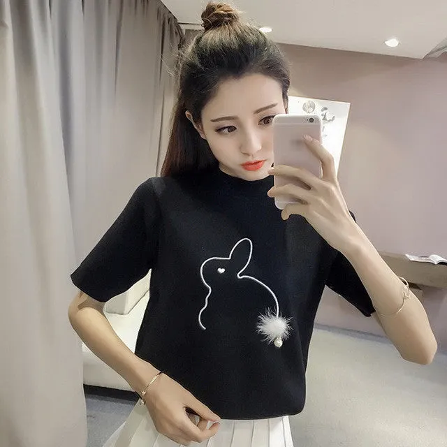 New  Women T shirts Fashion Turtleneck Cute Animal Patchwork T-shirt Female Plus Size Tops knitting Woman t shirt 72532 SM6