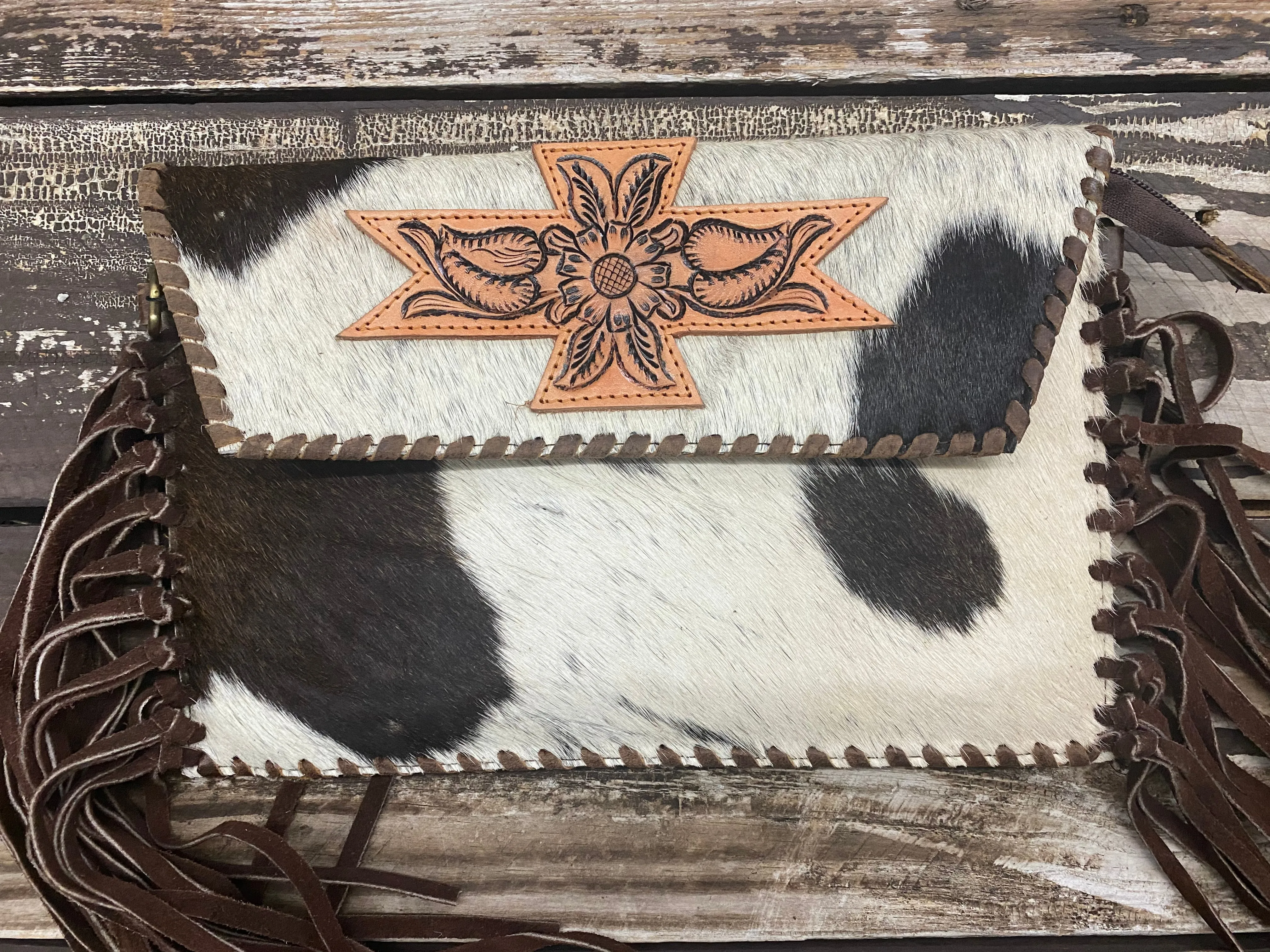 Ole Cross Pollination Hair on Hide Leather Fringe Clutch &/or Cross Body Purse