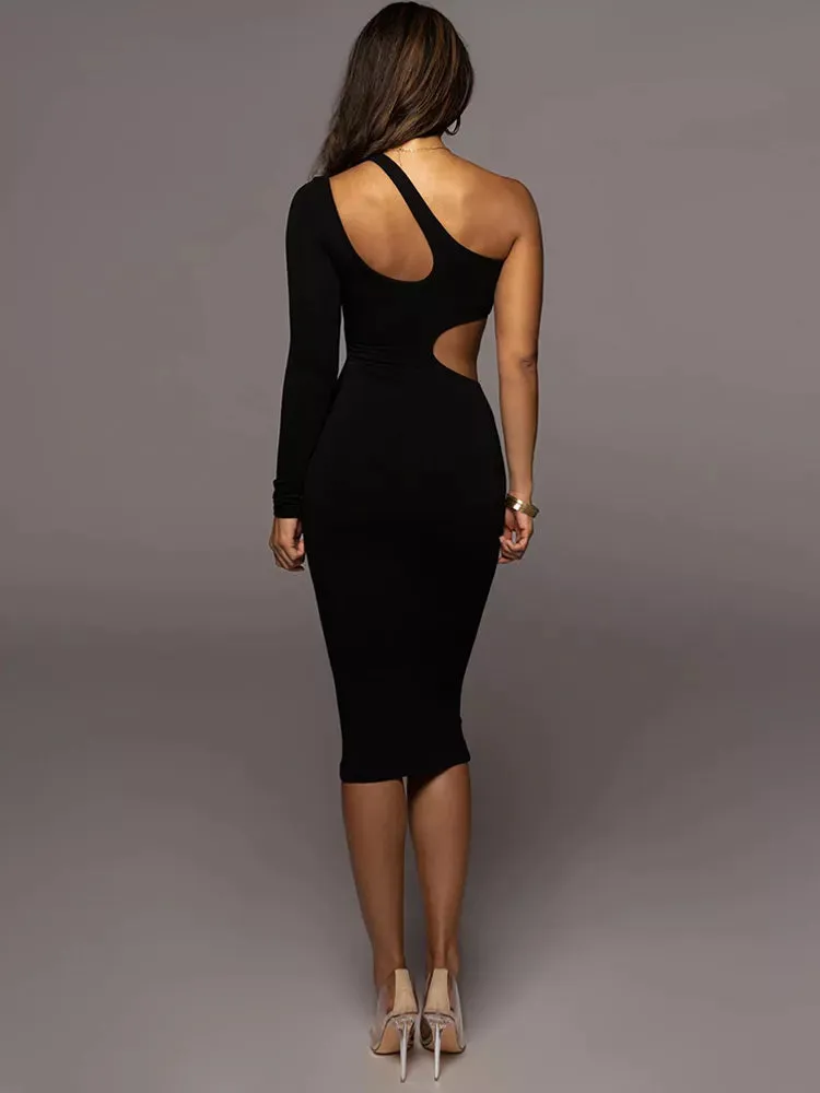 One Shoulder Sheath Midi Dress for Women's Autumn Parties and Clubbing