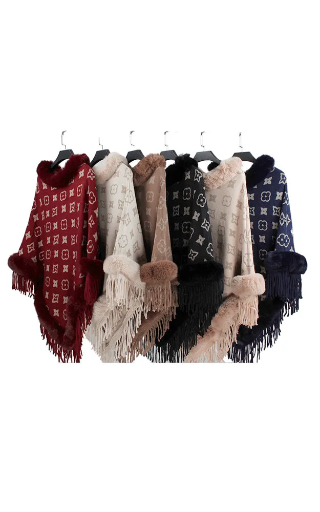 P1815 Multi Pattern Comfy Fur Trim Poncho 6pcs Pack