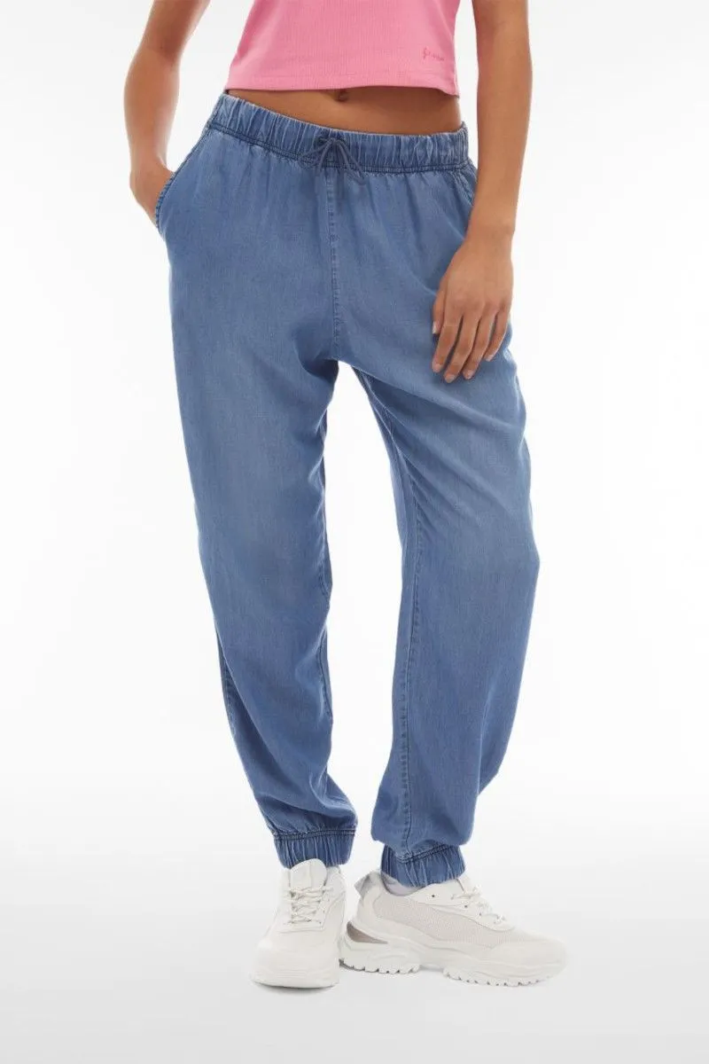 Panataloni joggers in tessuto chambray donna Blu