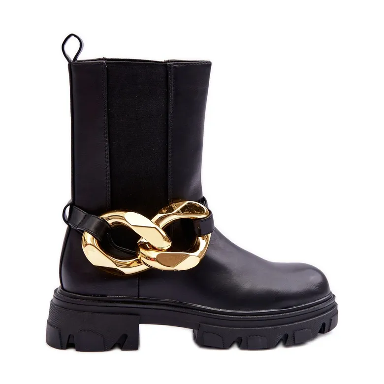 PG1 Fashionable Leather Boots Jodhpur Boots With Chain Black Kambiz