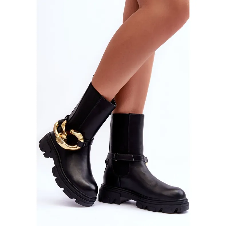 PG1 Fashionable Leather Boots Jodhpur Boots With Chain Black Kambiz