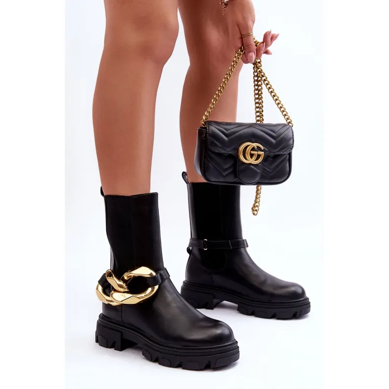 PG1 Fashionable Leather Boots Jodhpur Boots With Chain Black Kambiz