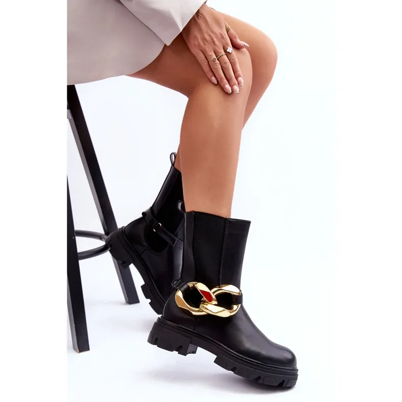 PG1 Fashionable Leather Boots Jodhpur Boots With Chain Black Kambiz