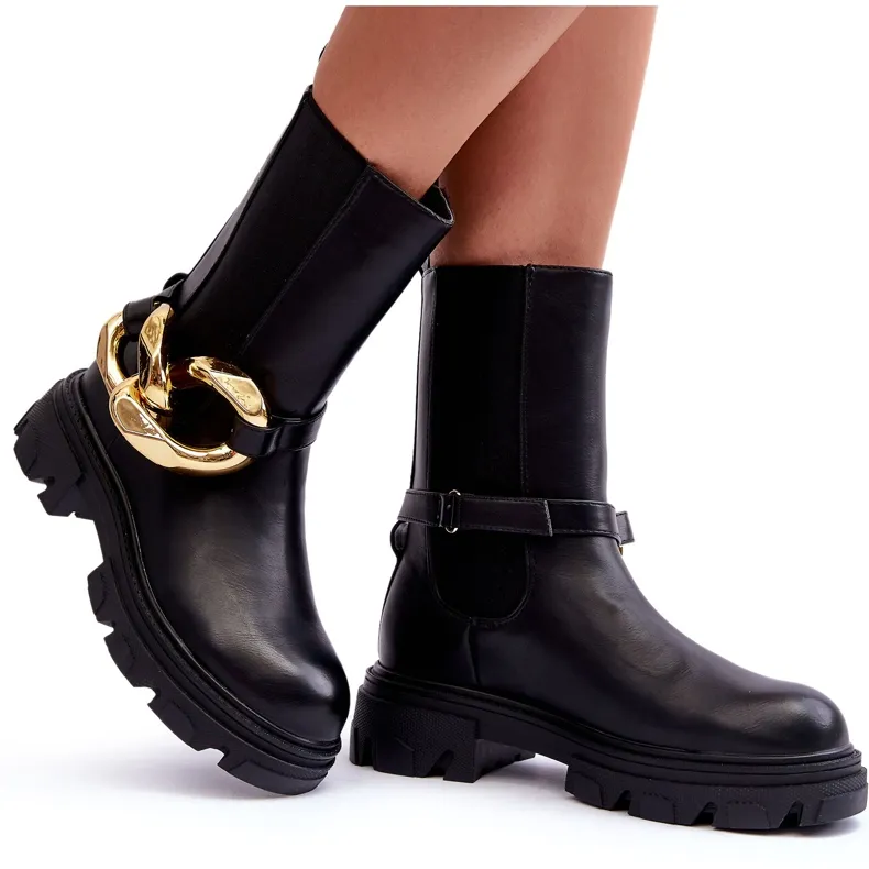 PG1 Fashionable Leather Boots Jodhpur Boots With Chain Black Kambiz