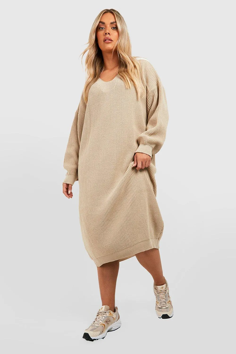 Plus Knitted V Neck Sweater Dress