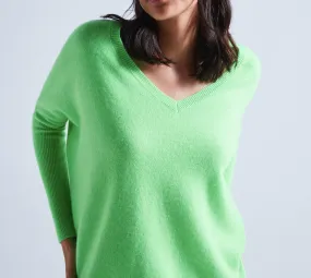 Poncho Large Col V Camille - Vert Fluo - 100% Cachemire 12GG - Femme