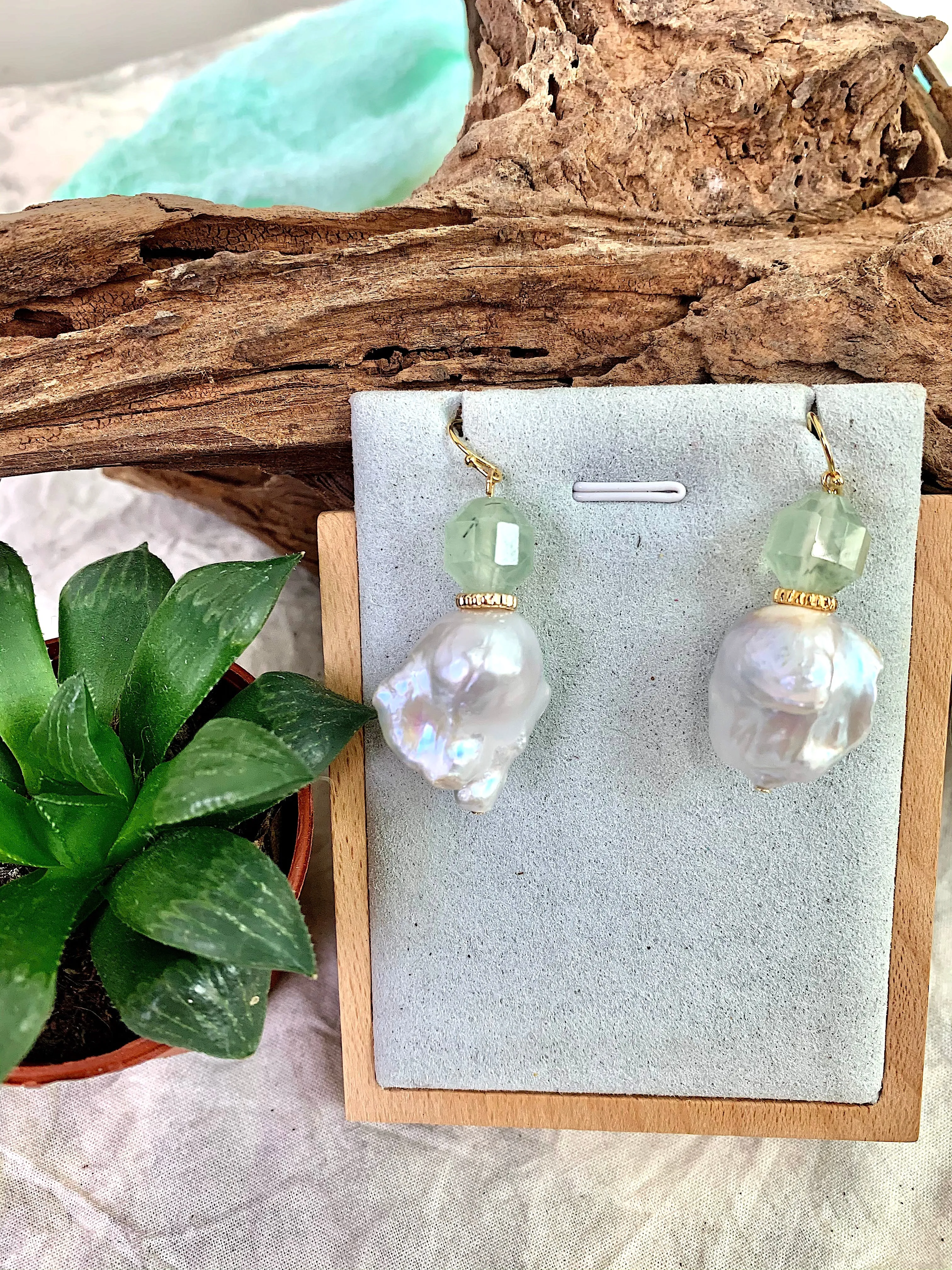 Prehnite with Baroque Pearl Hook Earrings EE002