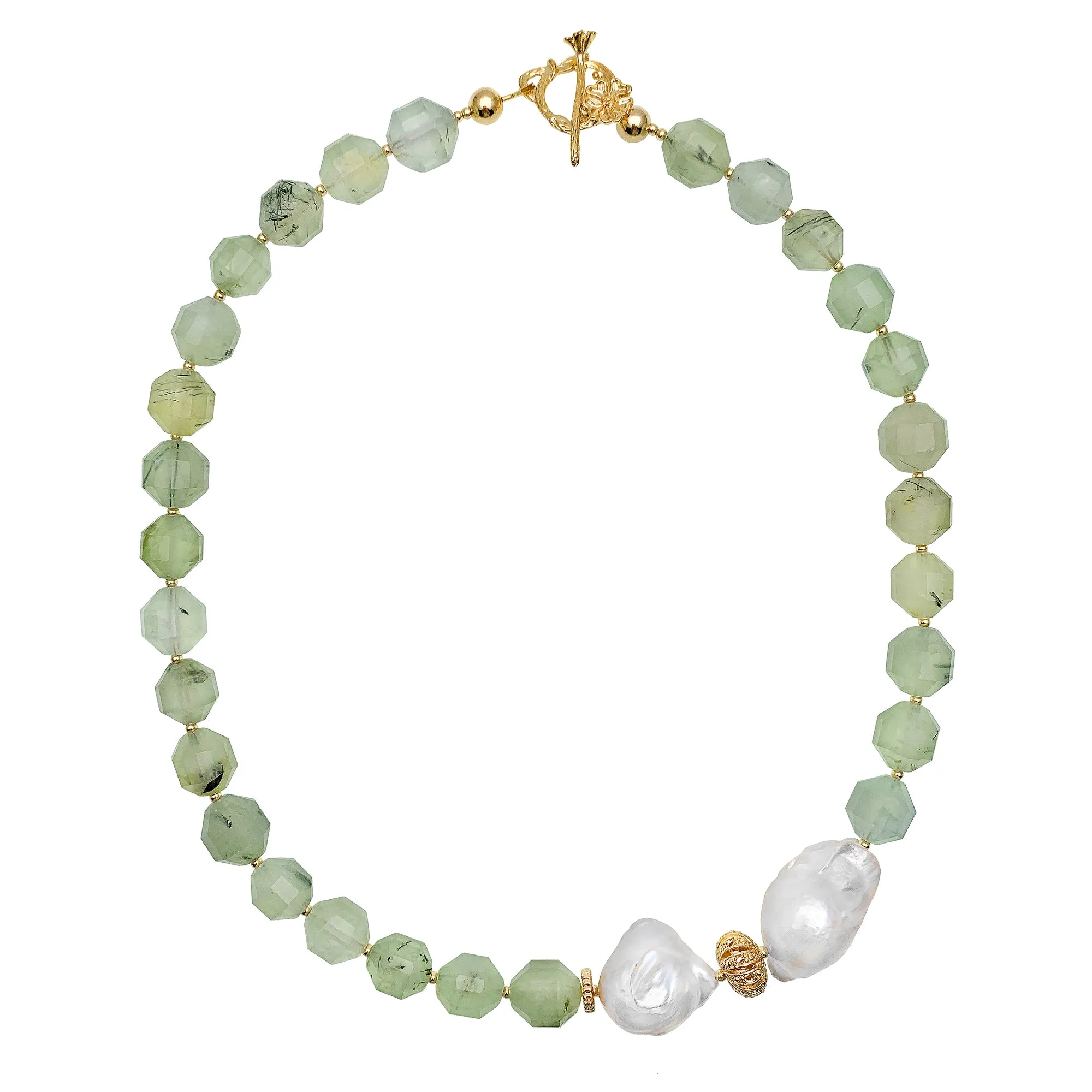 Prehnite with Baroque Pearl Short Necklace EN006