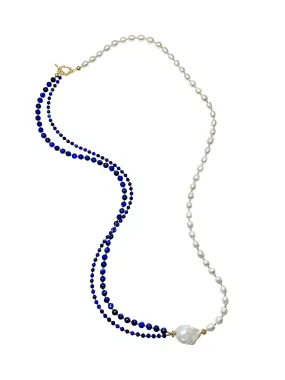 Round Lapis With Freshwater Pearls Multi-ways Long Necklace EN017