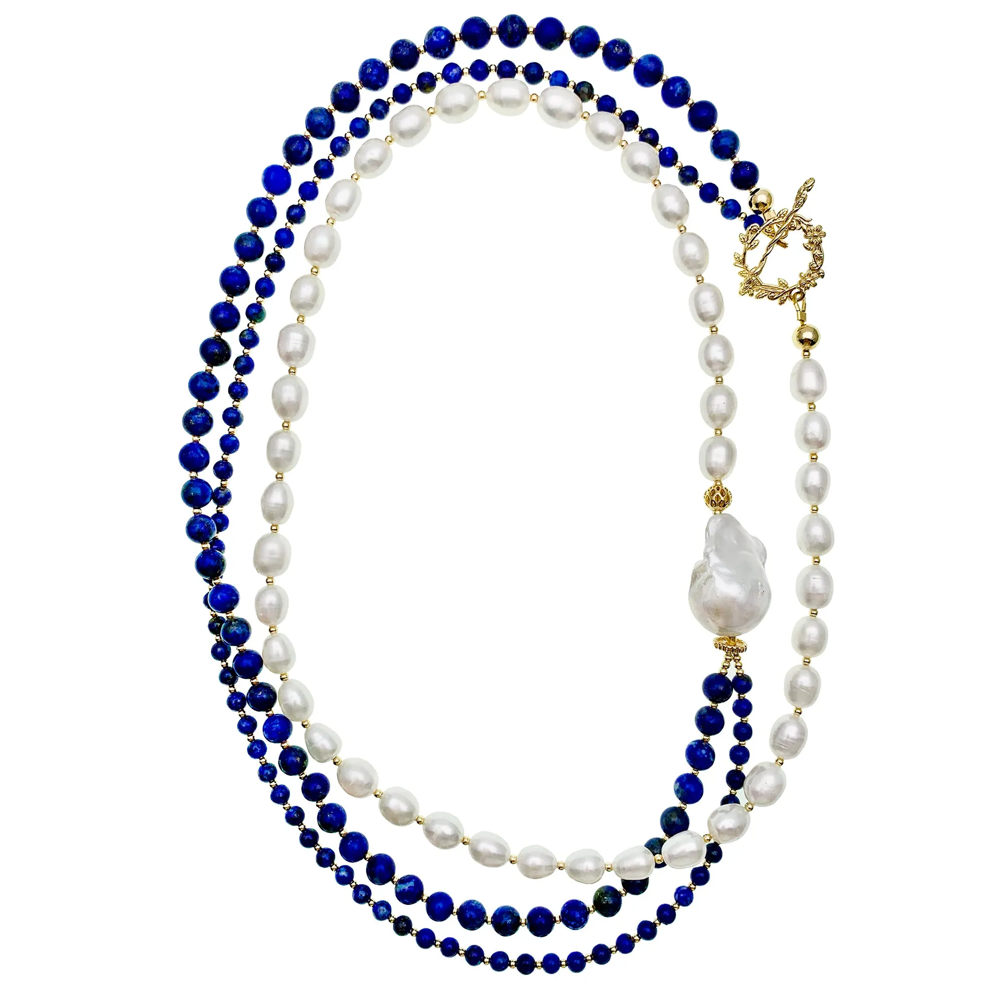 Round Lapis With Freshwater Pearls Multi-ways Long Necklace EN017