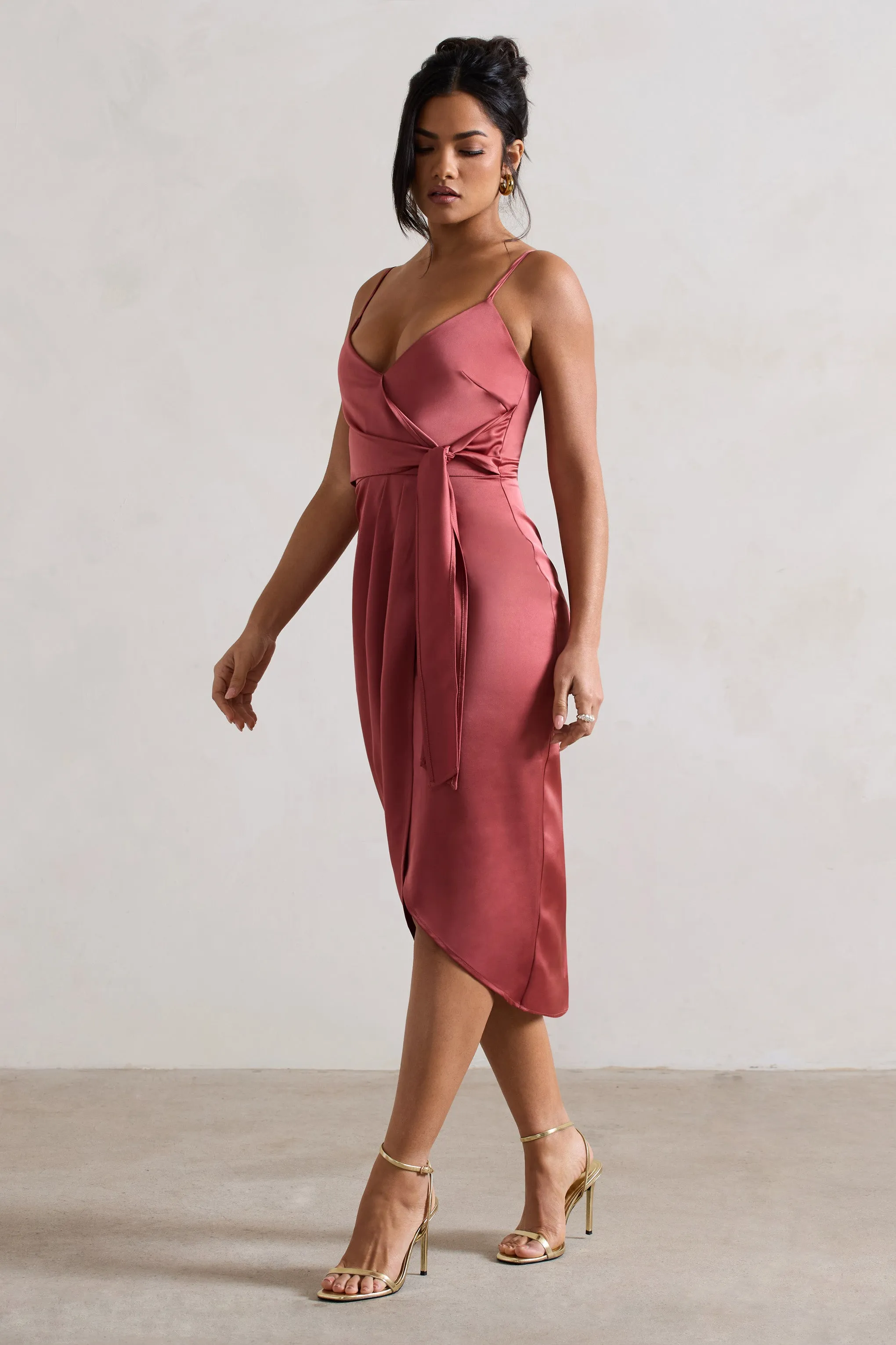 Sabela | Rose Pink Satin Wrap Midi Dress With Knot Detail