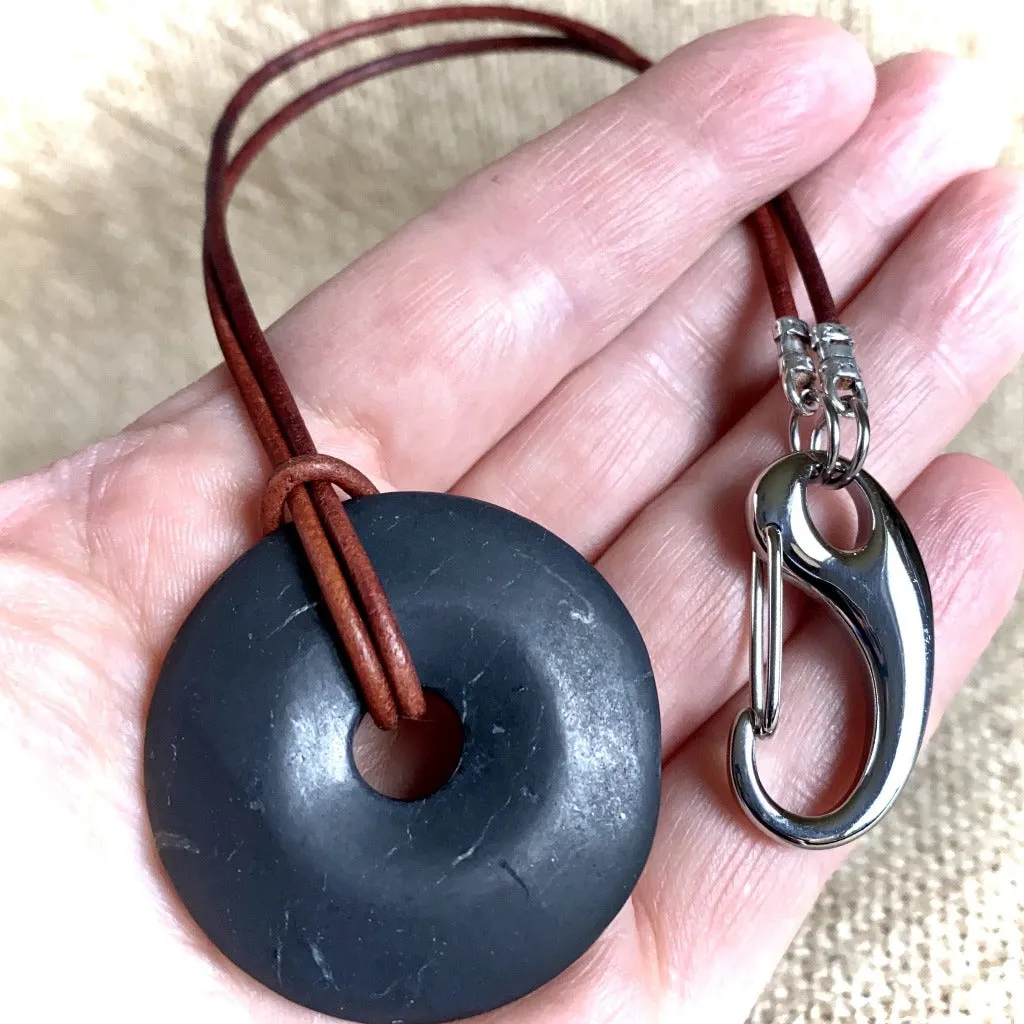 Shungite Pocket Donut w/Red Leather Belt Loop Attachment - Loss Proof!