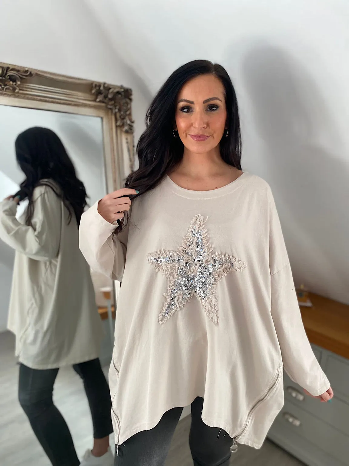 Stone Zip Detailed Star Sweat Top Sally