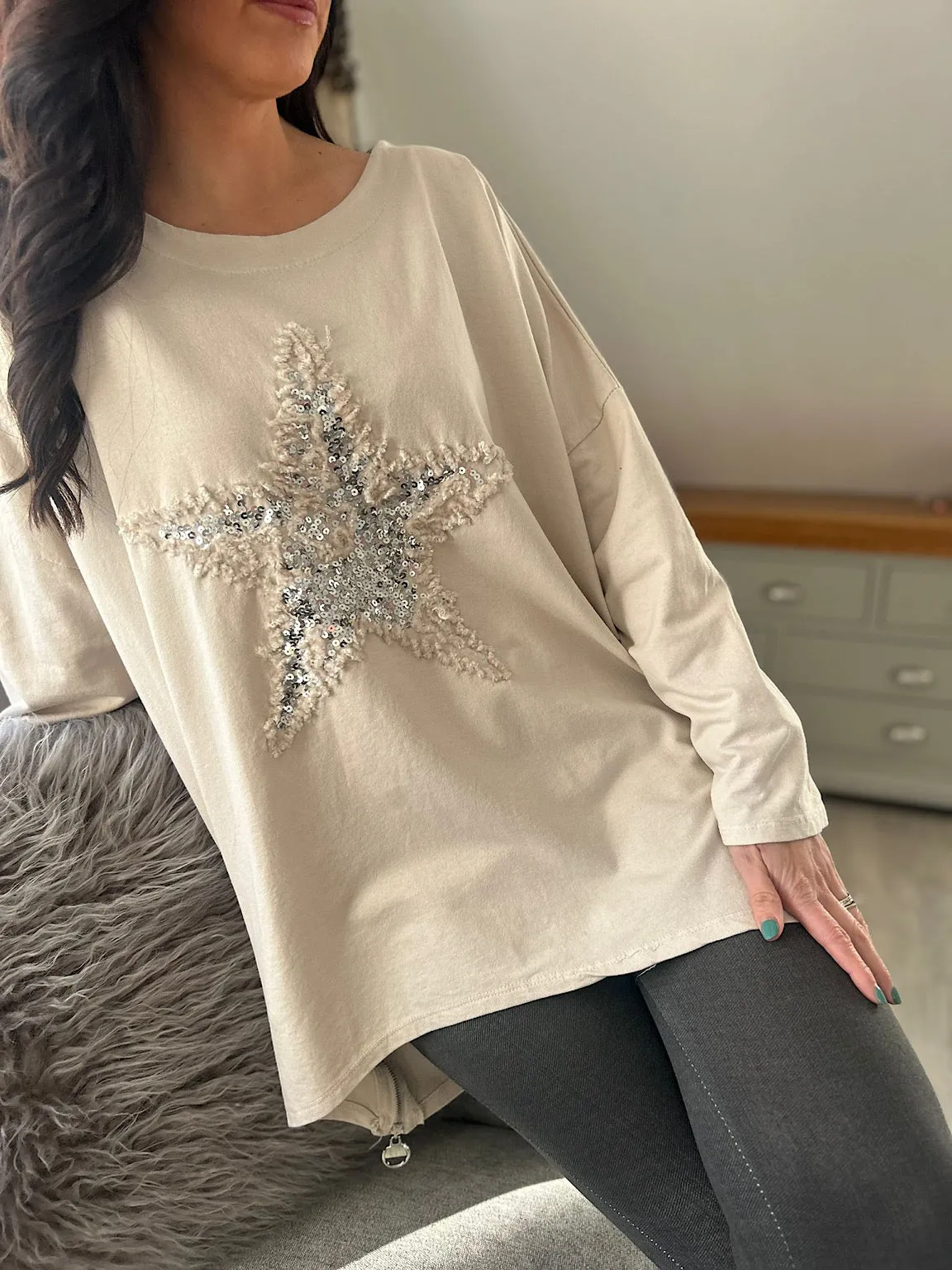 Stone Zip Detailed Star Sweat Top Sally