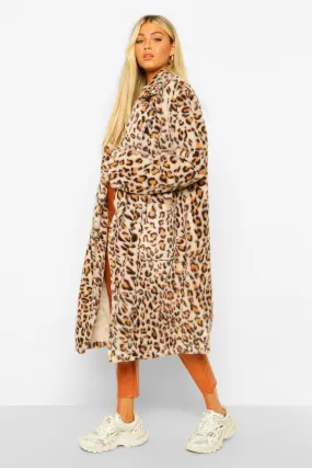 Tall Faux Fur Leopard Print Longline Coat