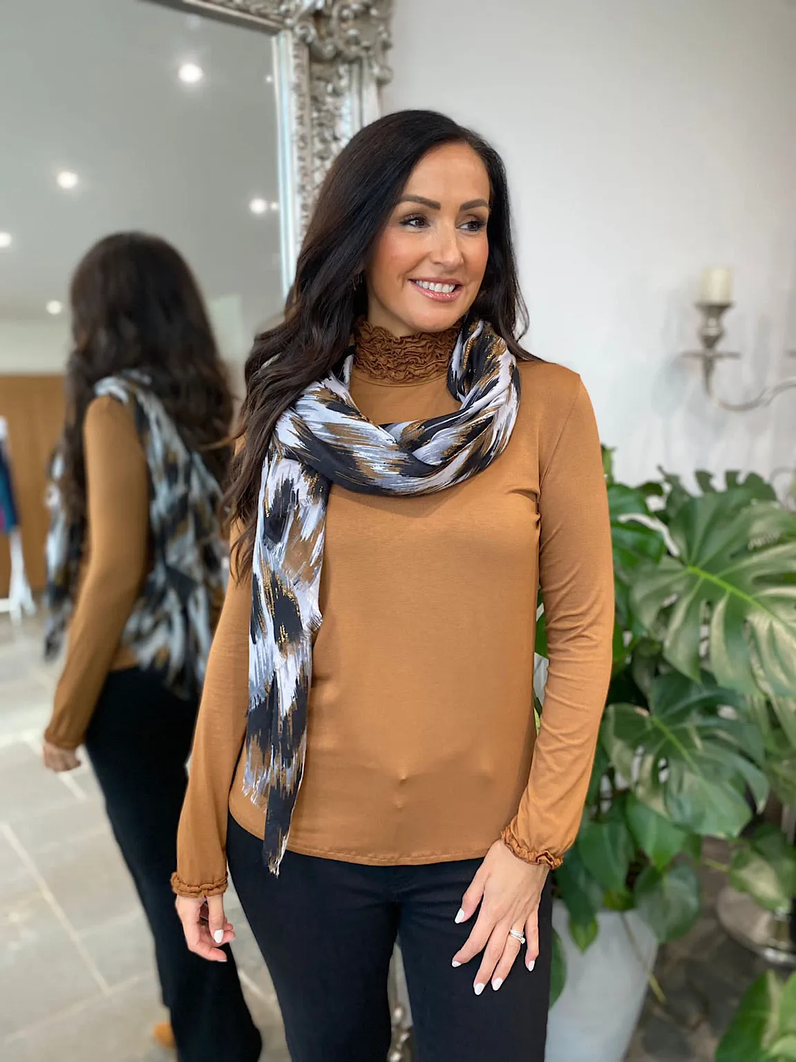 Tan Ruffle Roll Neck Top Regan