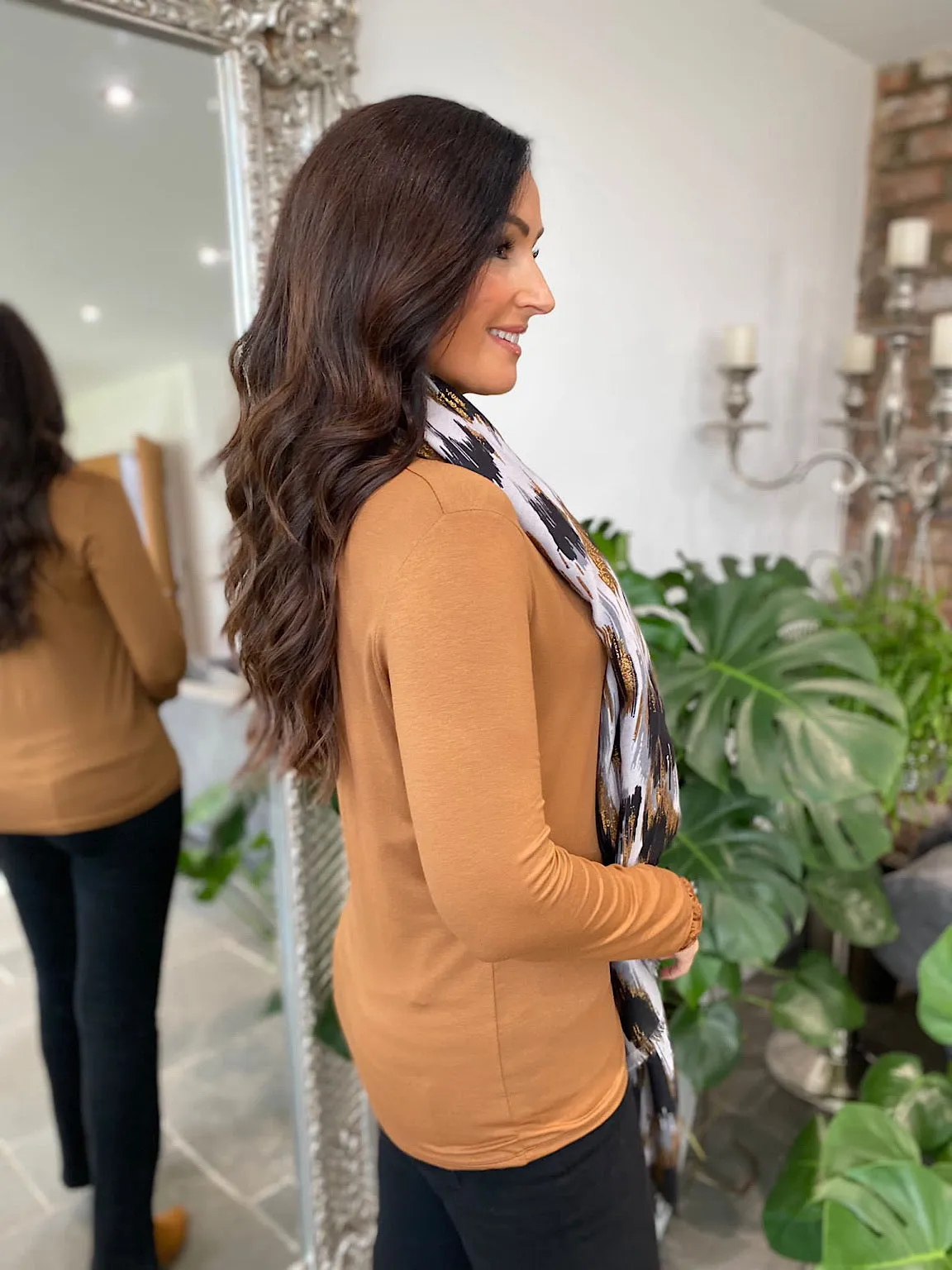 Tan Ruffle Roll Neck Top Regan