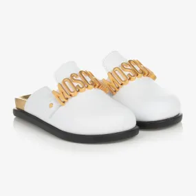 Teen Girls White & Gold Leather Mules