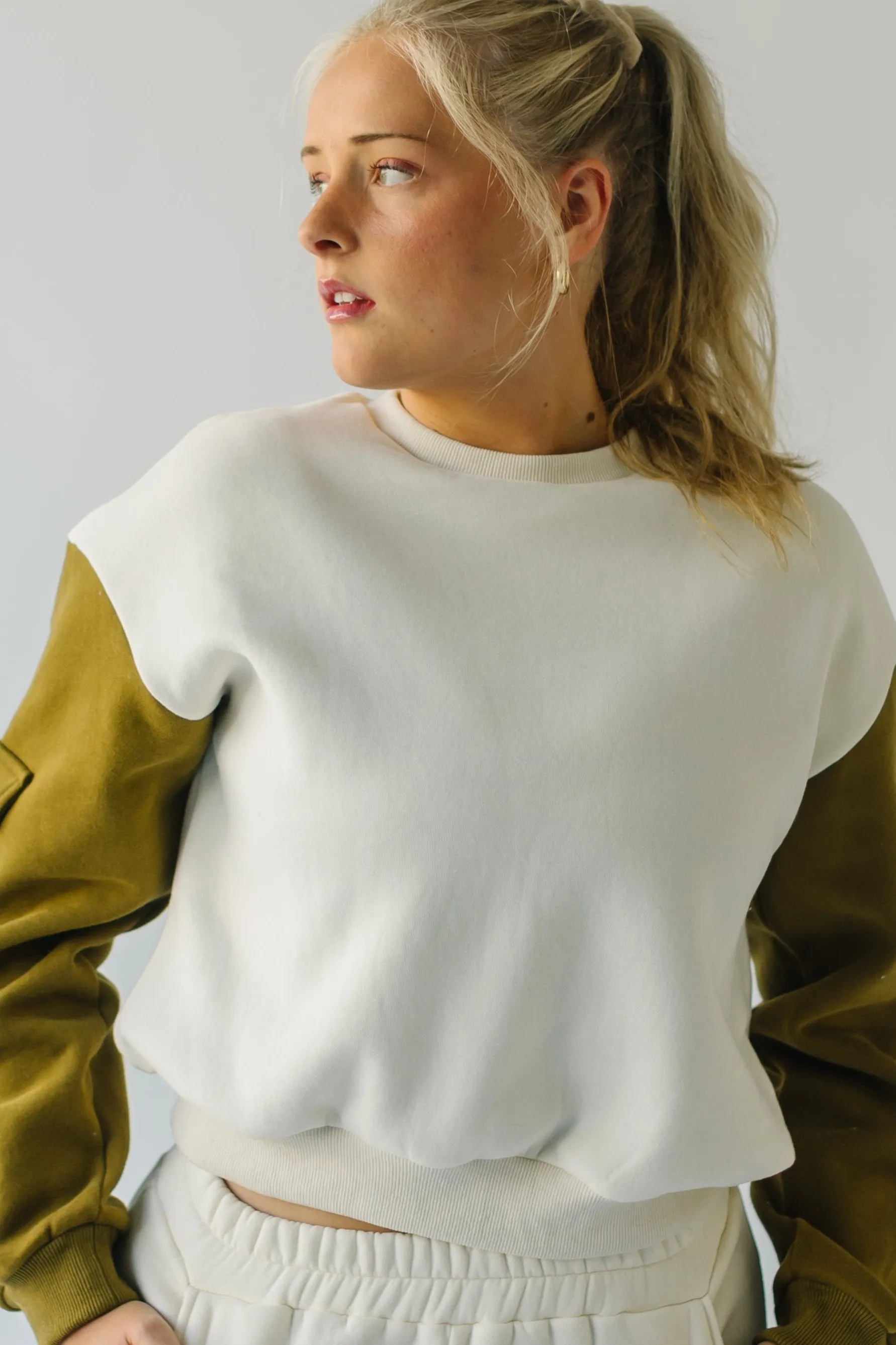 The Shannon Pocket Detail Pullover in Ivory + Olive