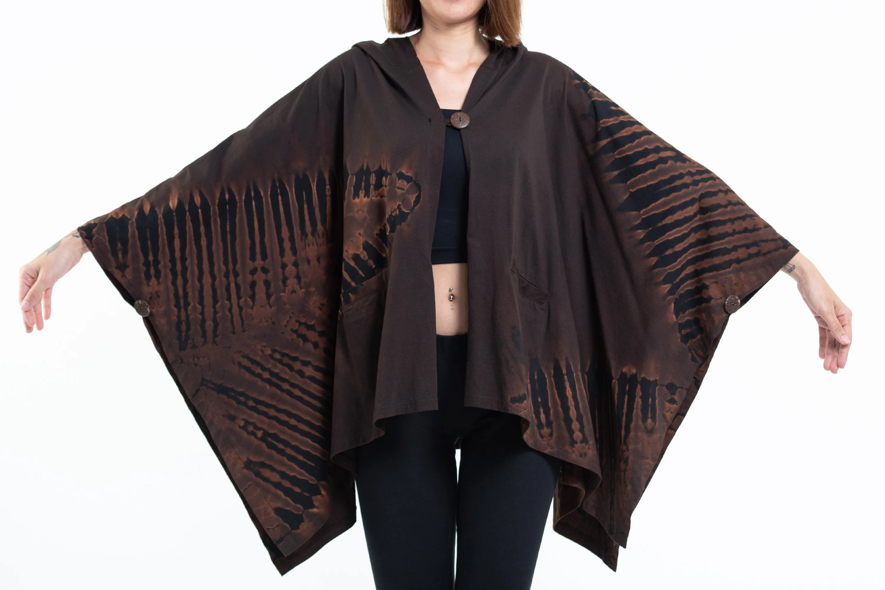 Tie Dye Cotton Hooded Poncho Jacket in Black 04