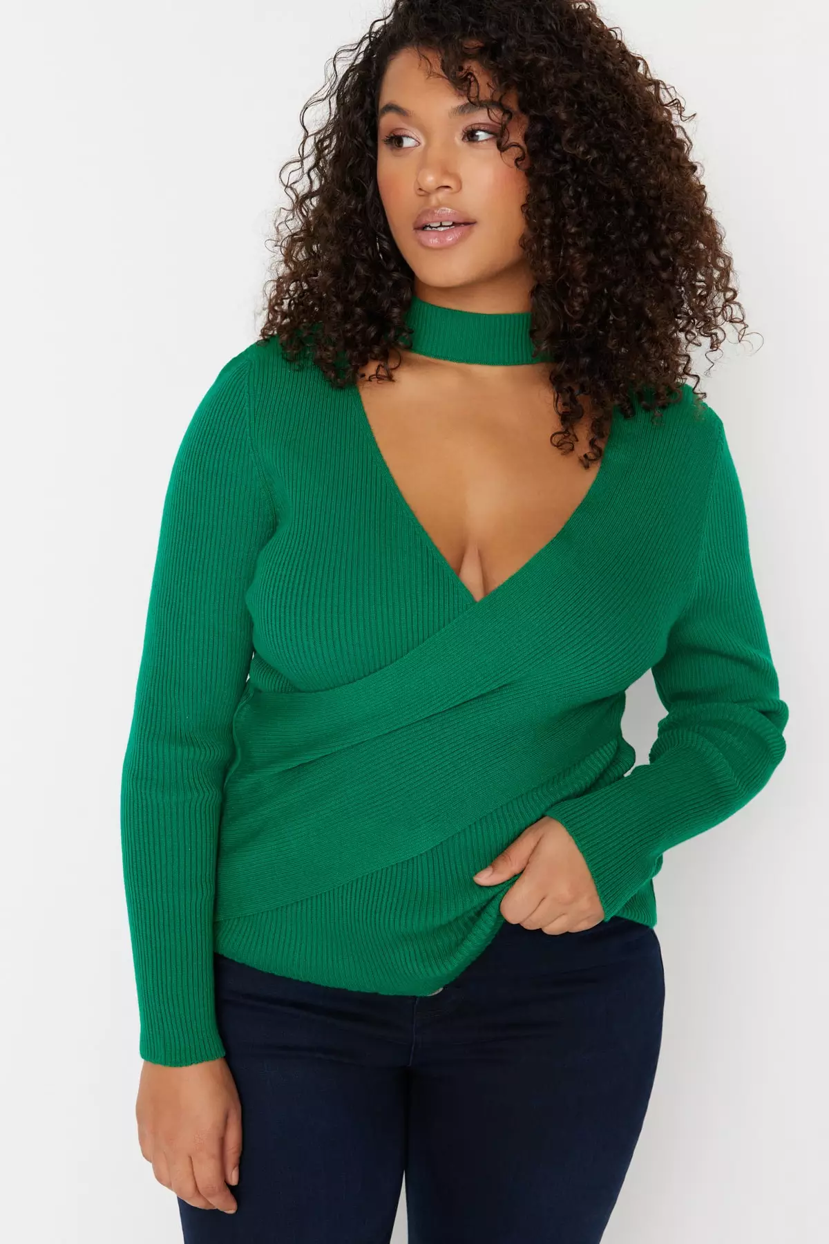 Trendyol Plus Size Green Collar Detailed Double Breasted Knitwear Blouse