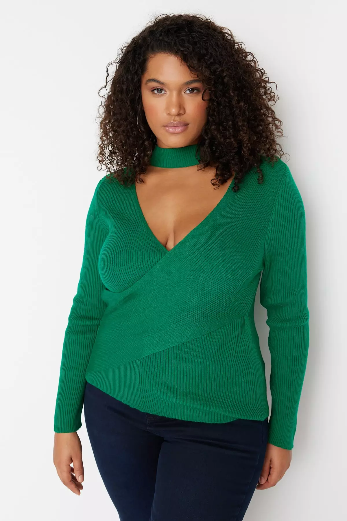 Trendyol Plus Size Green Collar Detailed Double Breasted Knitwear Blouse