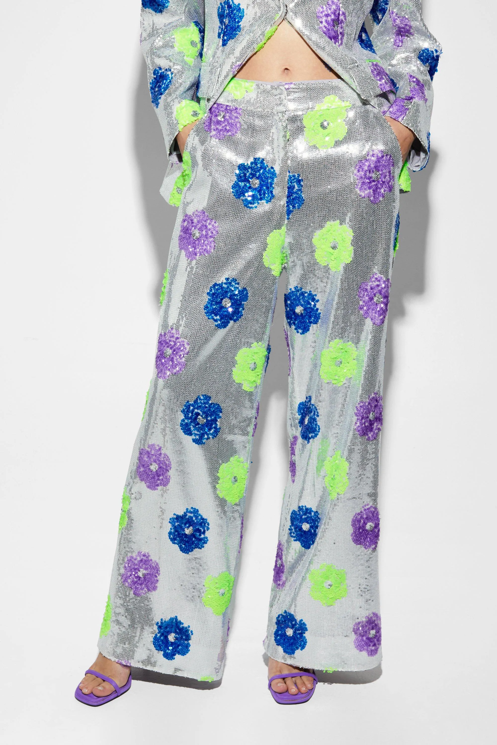 Trousers | Premium Floral Sequin Wide Leg Trousers | NastyGal