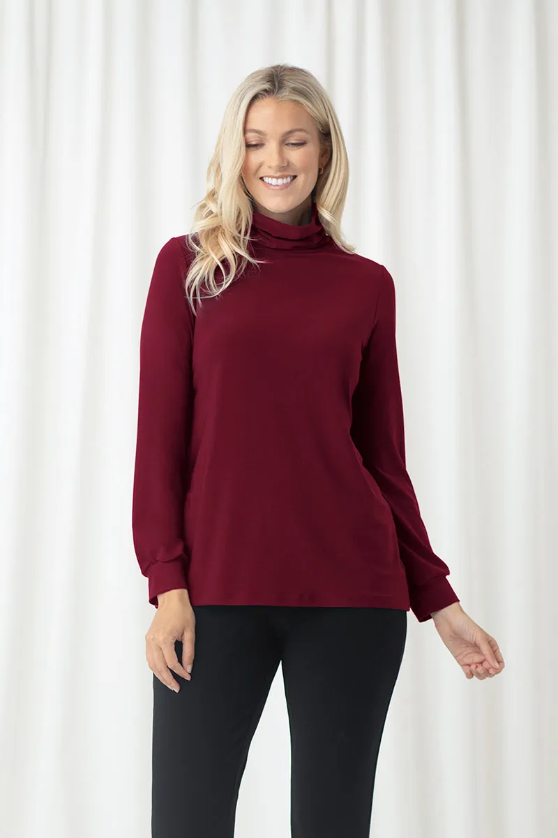 Turtle Neck Gathered Sleeve Top | Pomegranate