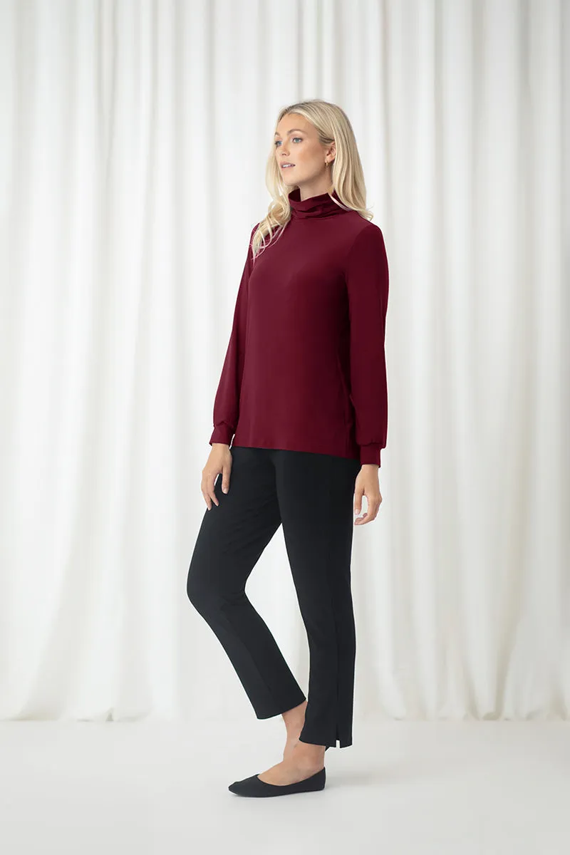 Turtle Neck Gathered Sleeve Top | Pomegranate