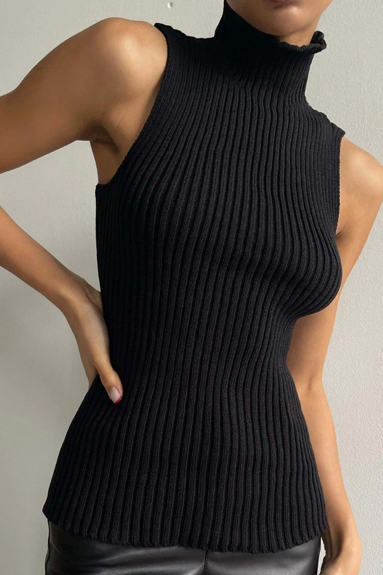 Turtleneck Sleeveless Ribbed Knit Sweater