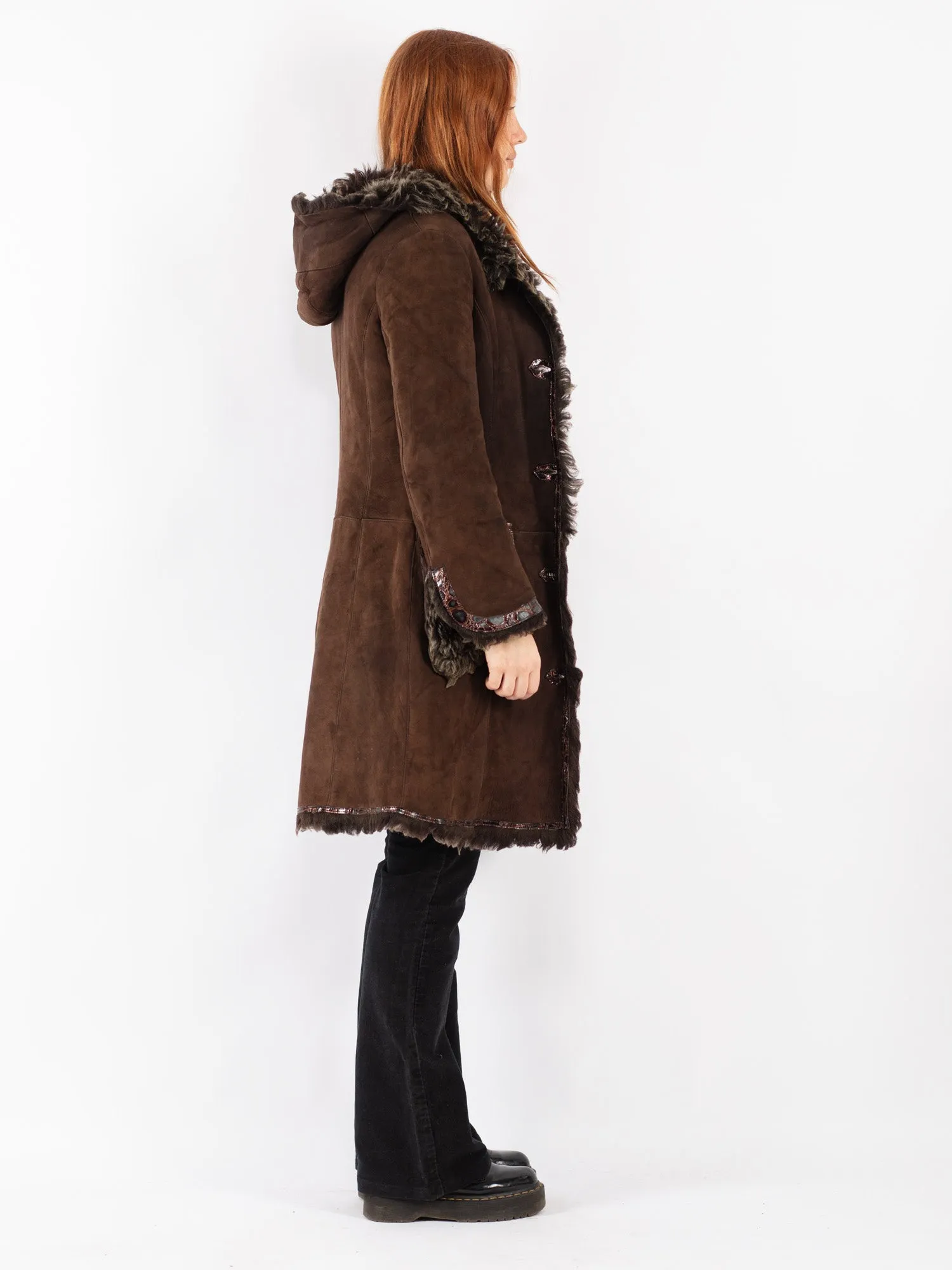 Vintage 80's Women Hooded Sheepskin Coat in Brown