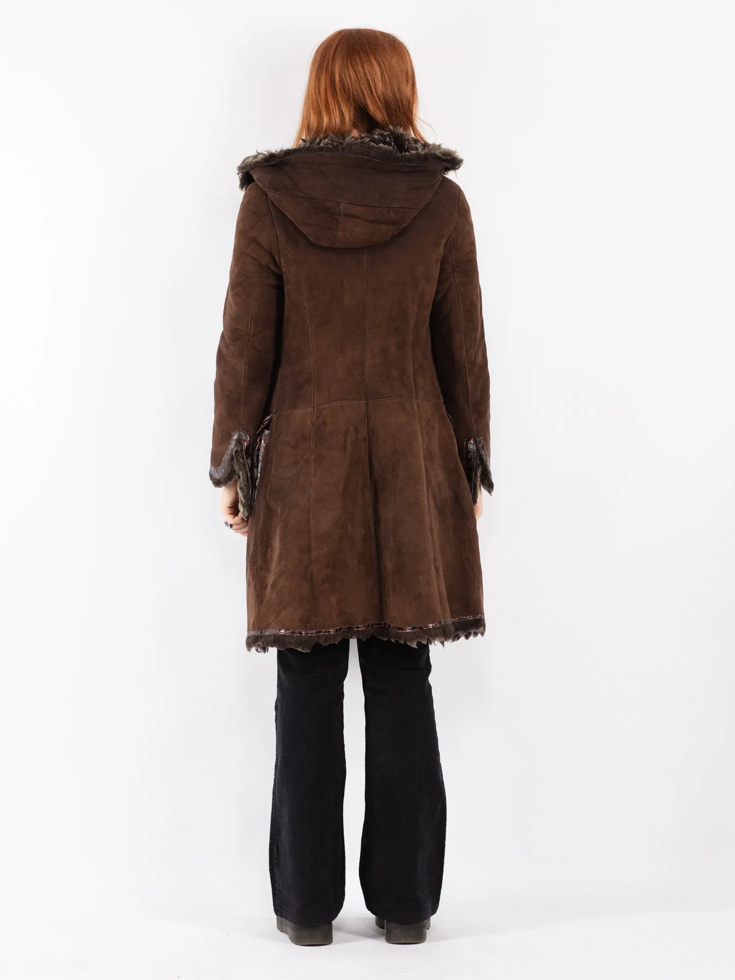 Vintage 80's Women Hooded Sheepskin Coat in Brown