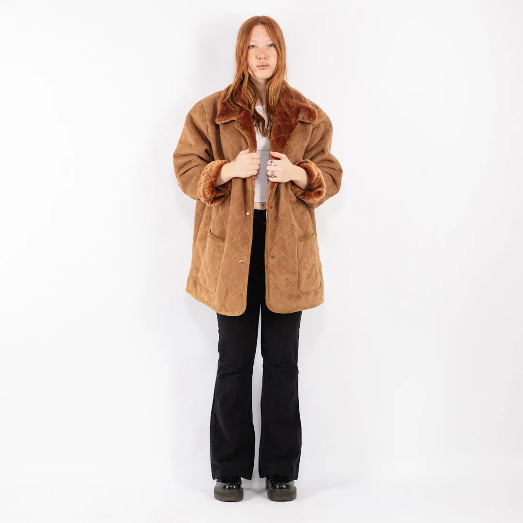 Vintage 90's Women Faux Sheepskin Coat in Beige