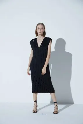 Viviane Furrier - Hole Knitted V-Neck Dress - Black