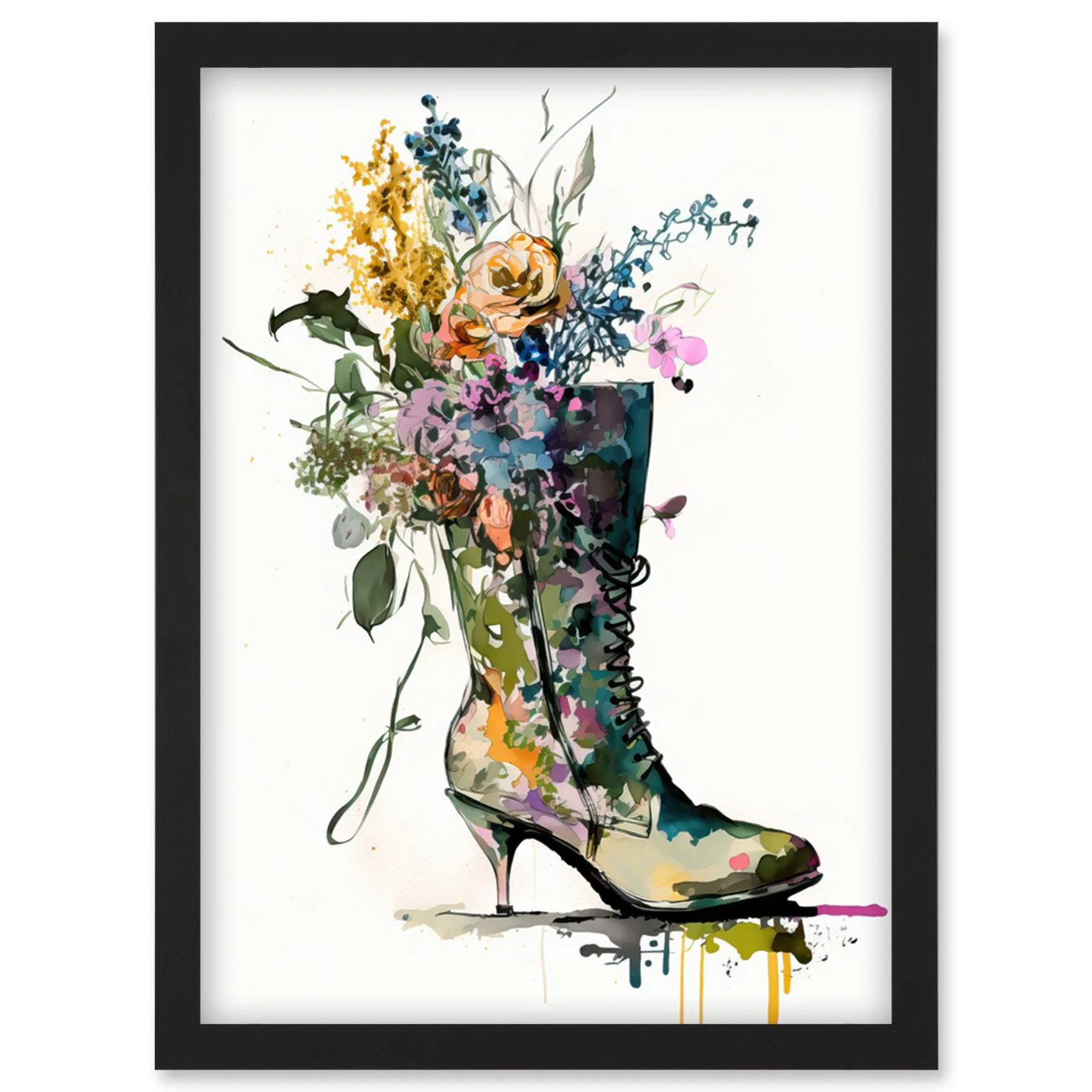 Wall Art & Pictures | Spring Flower Bouquet in High Heeled Combat Boot Artwork Framed Wall Art Print A4 | Artery8