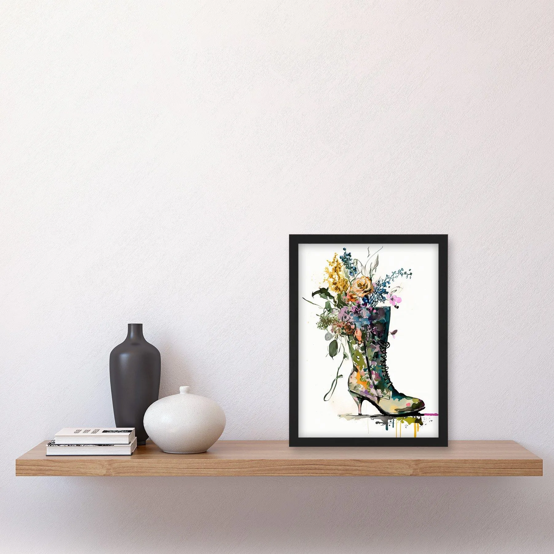 Wall Art & Pictures | Spring Flower Bouquet in High Heeled Combat Boot Artwork Framed Wall Art Print A4 | Artery8