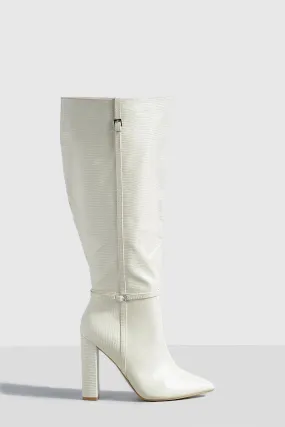 Wide Width Block Heel Pointed Toe Knee High Boots