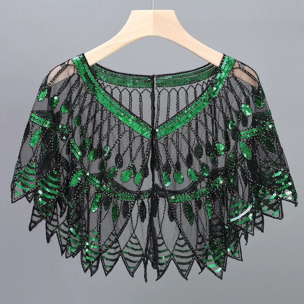 Women 1920s Geometric Mesh Shawl Wraps Sequin Beaded Evening Cape Bolero Flapper Gatsby Party Dress Cover Up