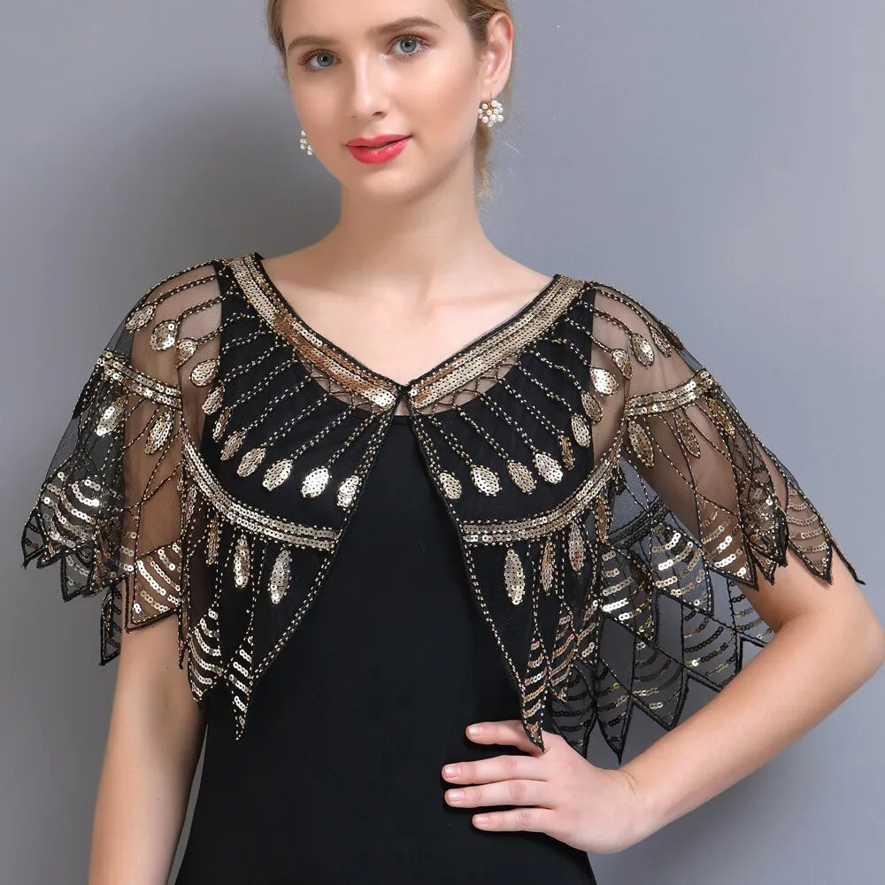 Women 1920s Geometric Mesh Shawl Wraps Sequin Beaded Evening Cape Bolero Flapper Gatsby Party Dress Cover Up