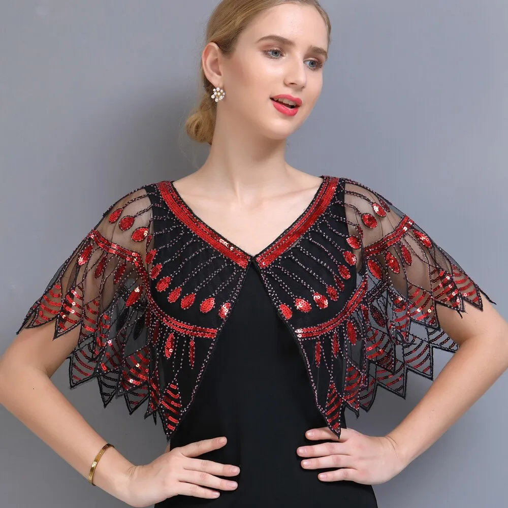 Women 1920s Geometric Mesh Shawl Wraps Sequin Beaded Evening Cape Bolero Flapper Gatsby Party Dress Cover Up