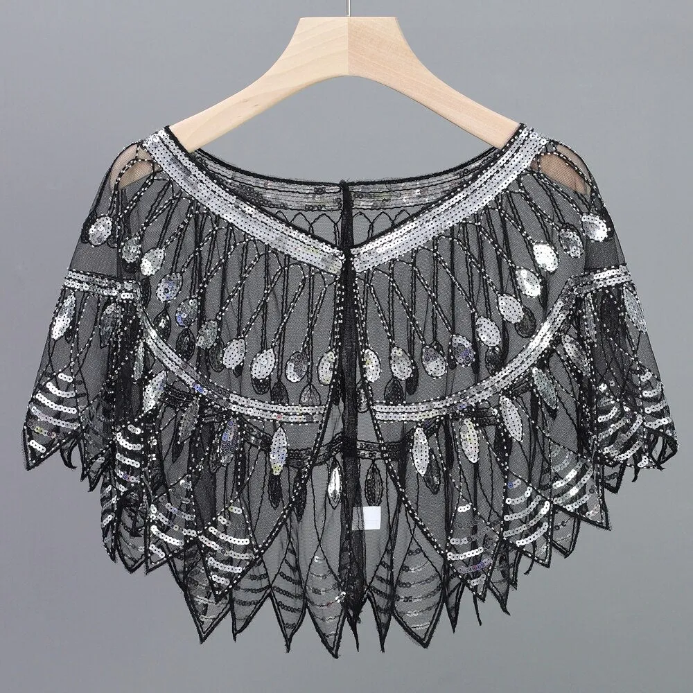 Women 1920s Geometric Mesh Shawl Wraps Sequin Beaded Evening Cape Bolero Flapper Gatsby Party Dress Cover Up