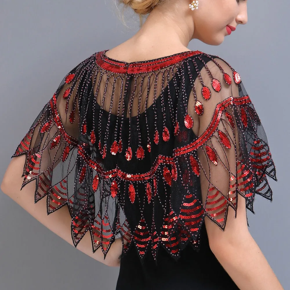 Women 1920s Geometric Mesh Shawl Wraps Sequin Beaded Evening Cape Bolero Flapper Gatsby Party Dress Cover Up