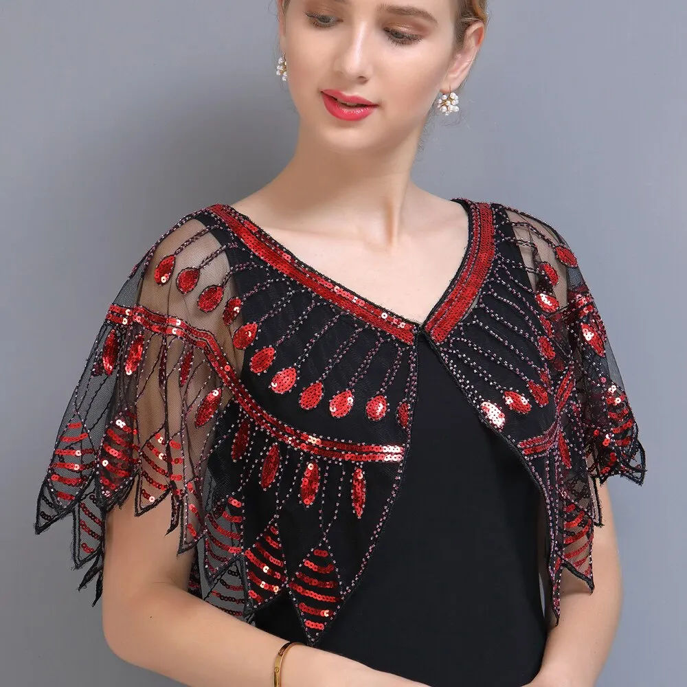 Women 1920s Geometric Mesh Shawl Wraps Sequin Beaded Evening Cape Bolero Flapper Gatsby Party Dress Cover Up