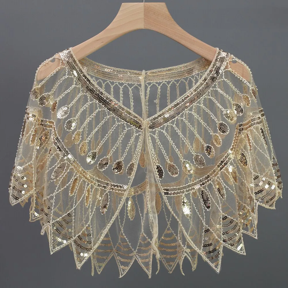 Women 1920s Geometric Mesh Shawl Wraps Sequin Beaded Evening Cape Bolero Flapper Gatsby Party Dress Cover Up